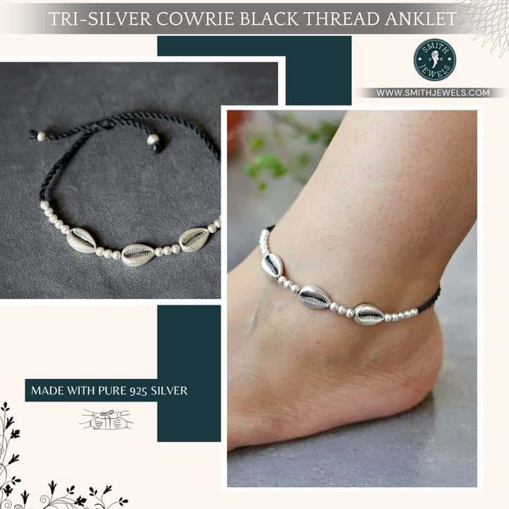 Tri-Silver Cowrie Black Thread Anklet